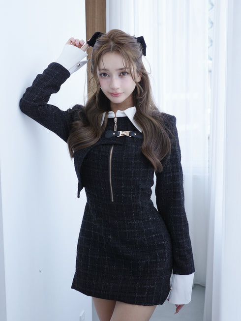 Asymmetry buckle tweed dress